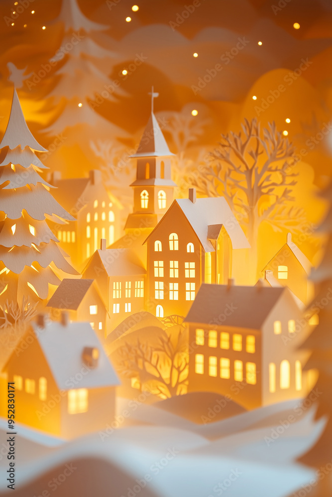 Cozy, illuminated paper village with glowing windows and snow-covered roofs, creating a warm and festive ambiance, perfect for a Christmas or winter holiday decoration. Cozy, illuminated paper village with glowing windows and snow-covered roofs, creating a warm and festive ambiance, perfect for a Christmas or winter holiday decoration.