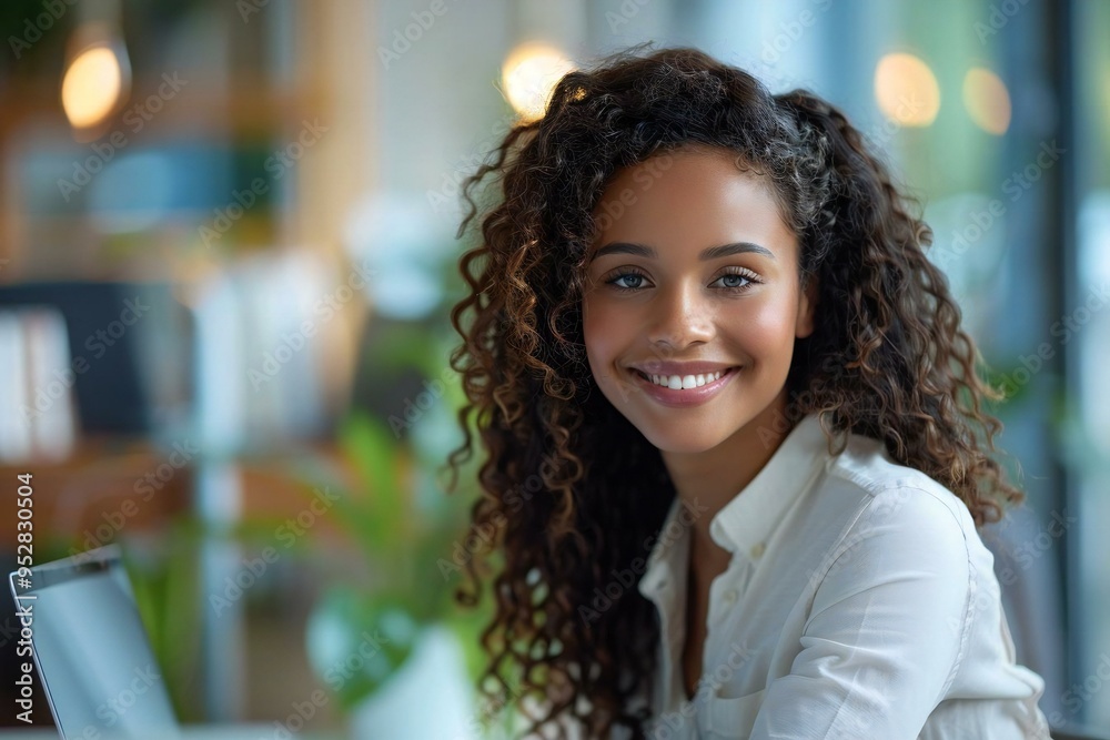 smiling young African American businesswoman videoconferencing with her colleagues on a computer near a laptop. smiling young African American businesswoman videoconferencing with her colleagues on a computer near a laptop.