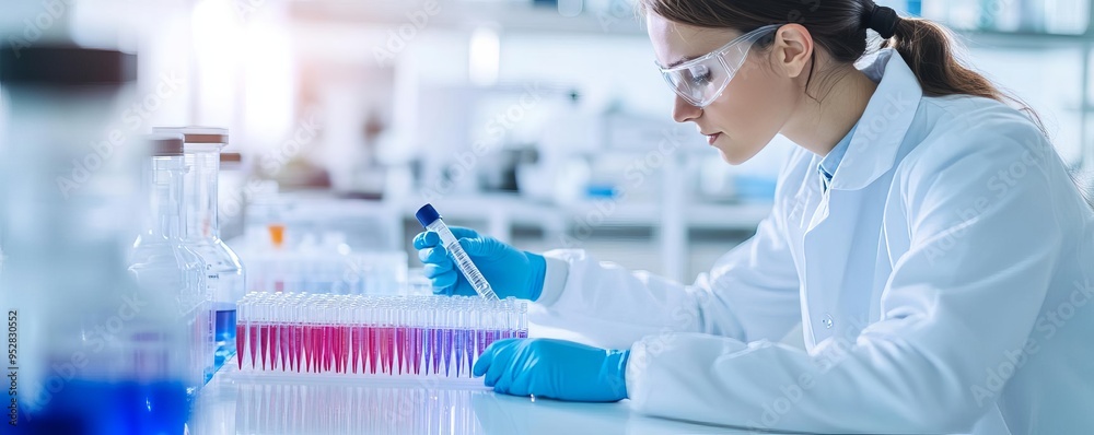 Fototapeta premium Researcher using genetic barcoding for high-throughput screening in drug discovery, innovative testing, biopharma research