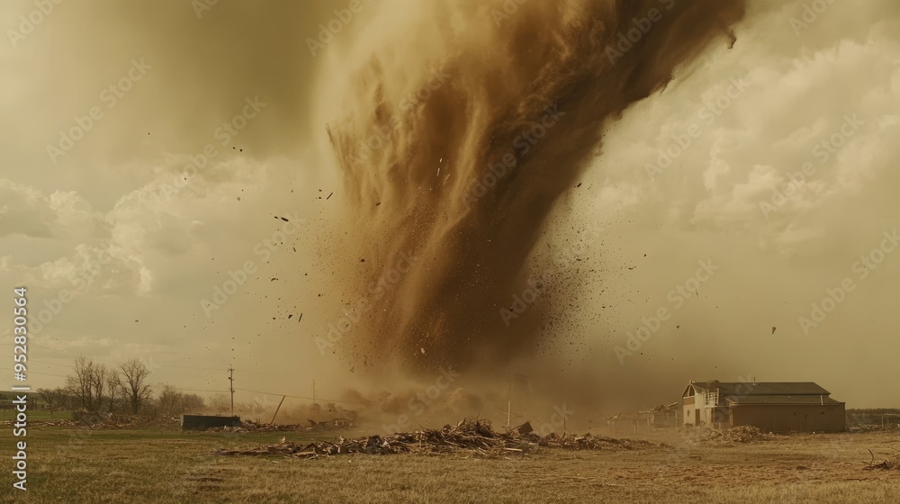 Fototapeta premium Raw power of a tornado witnessing the destruction as debris and dust fill the air