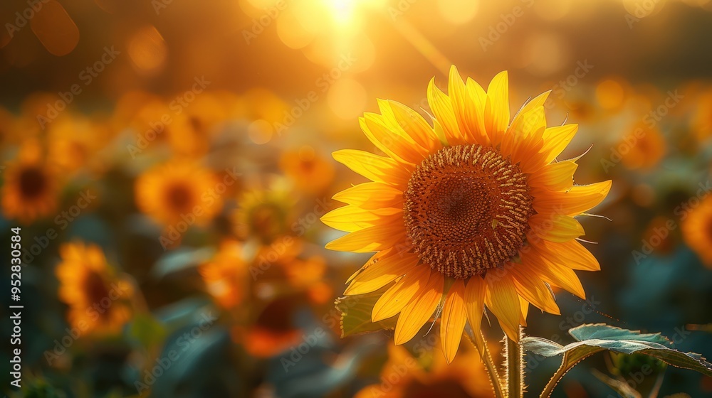 Naklejka premium A single sunflower stands tall in a field of its kin, bathed in the warm glow of the setting sun.