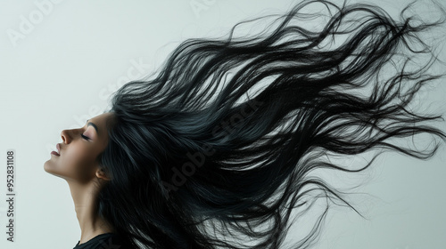 Artistic depiction of a woman with long black hair flowing in the air, against a neutral background. Her face is partially visible in profile, with a calm expression