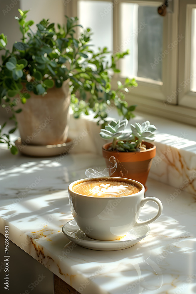 White cup with hot coffee against the background of a sunny window and plants. Vertical concept template for advertising a coffee shop, coffee brand with space for text