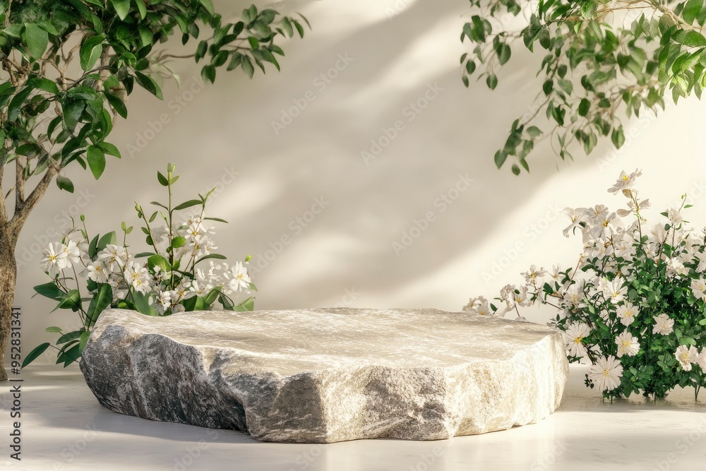 rock podium for product presentation. Natural beauty pedestal, relaxation and health, 3d illustration generative ai