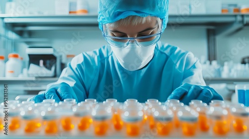 Scientist analyzing antibody-drug conjugates for cancer therapy, targeted treatment, biopharma research