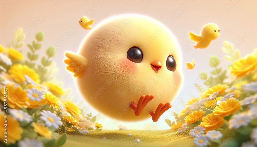 Adorable cartoon chick flying over a field of yellow flowers. Adorable cartoon chick flying over a field of yellow flowers.