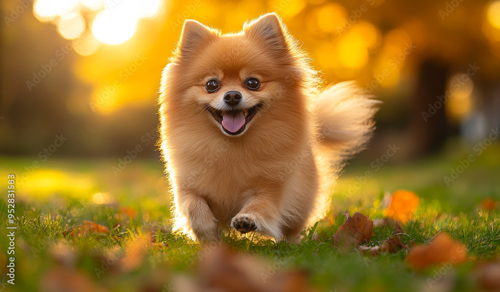 A small dog is running through a field of grass and leaves. The dog is happy and energetic, and the scene is bright and cheerful A small dog is running through a field of grass and leaves. The dog is happy and energetic, and the scene is bright and cheerful
