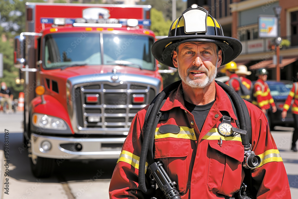 A man in a fireman's uniform standing in front of a fire truck A man in a fireman's uniform standing in front of a fire truck