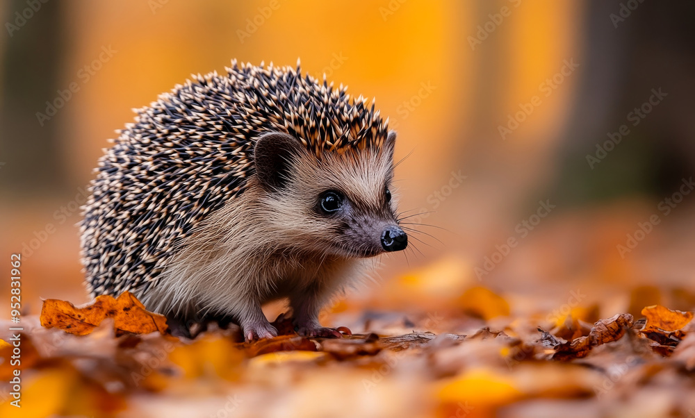A small brown and white hedgehog is standing on a pile of leaves. The leaves are orange and yellow, giving the scene a warm and cozy feeling A small brown and white hedgehog is standing on a pile of leaves. The leaves are orange and yellow, giving the scene a warm and cozy feeling