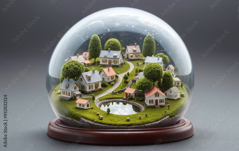 conceptual representation of a small village wrapped in a bubble, village as a self-contained system conceptual representation of a small village wrapped in a bubble, village as a self-contained system