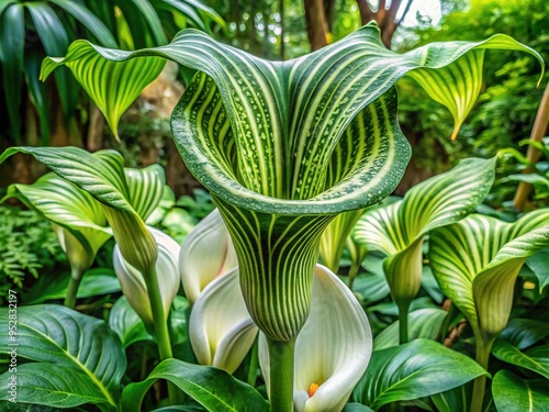 Vibrant cobra lily plant blooms with exotic, curved white and green spathe-like flowers resembling a serpent's hood in a lush, tropical indoor environment. photo