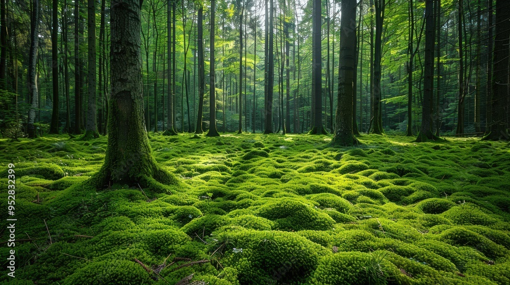 Obraz premium A serene image of sunlight streaming through a lush forest.