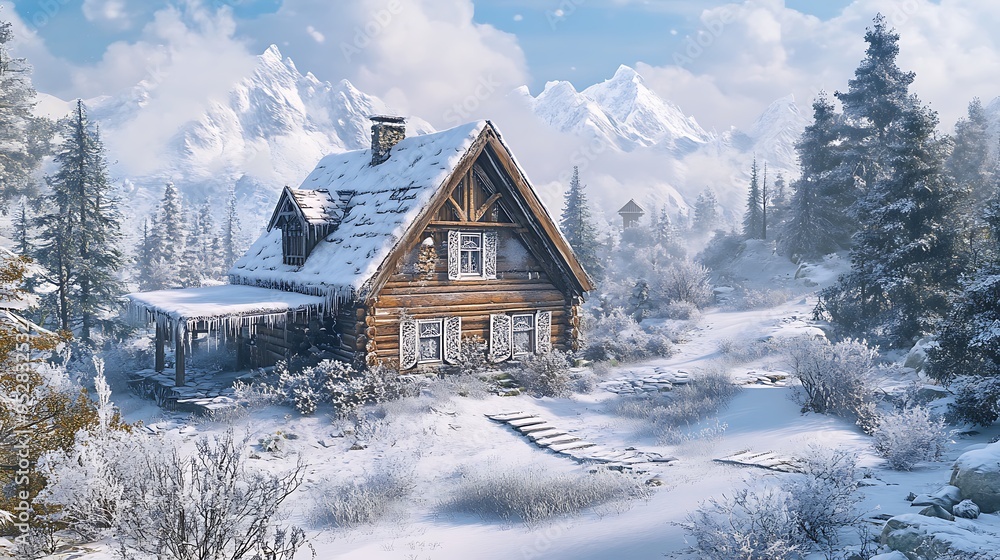 A Snow-Covered Log Cabin in a Mountainous Winter Landscape A Snow-Covered Log Cabin in a Mountainous Winter Landscape