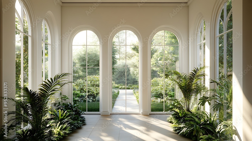 Sunlit Room with Arched Windows and Lush Greenery Sunlit Room with Arched Windows and Lush Greenery