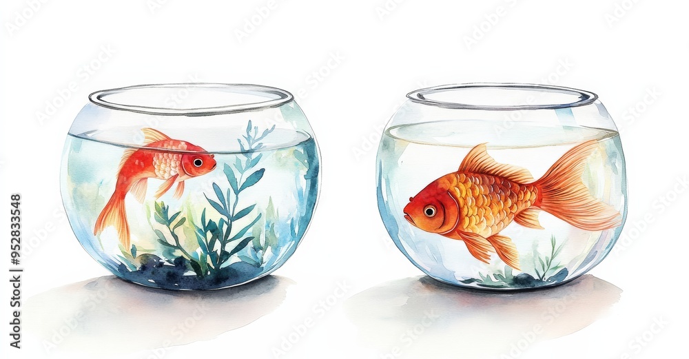 Watercolor illustration of two fishbowl aquariums with goldfish on a white background