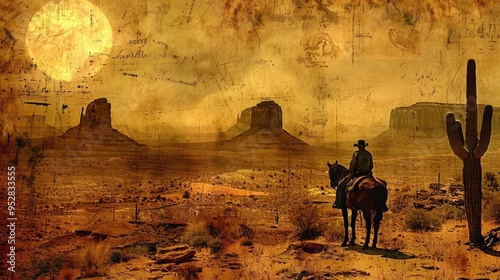 Classic stamp showing a desert sunset with a cowboy on horseback, a solitary cactus, and the sun setting over a vast, sandy landscape, reflecting the essence of American frontier life.