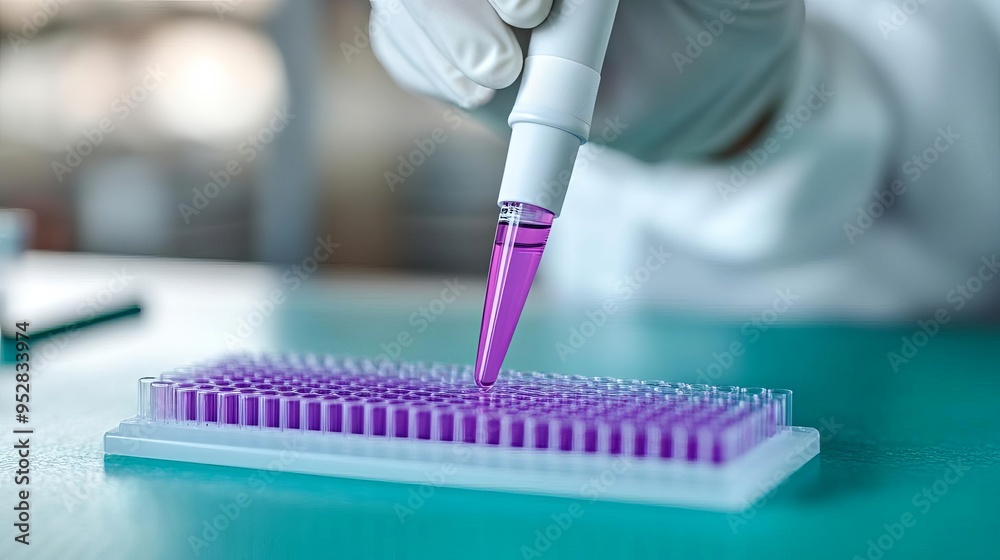 Scientist using ELISA for quantifying biopharmaceuticals in samples, enzyme assays, drug analysis Scientist using ELISA for quantifying biopharmaceuticals in samples, enzyme assays, drug analysis