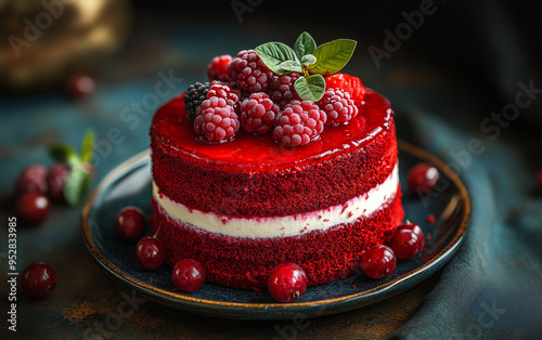 Wallpaper Mural A red velvet cake with raspberries on top. The cake is sitting on a plate with a blue background Torontodigital.ca