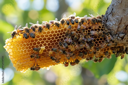 A close-up shot of a honeycomb filled with bees.