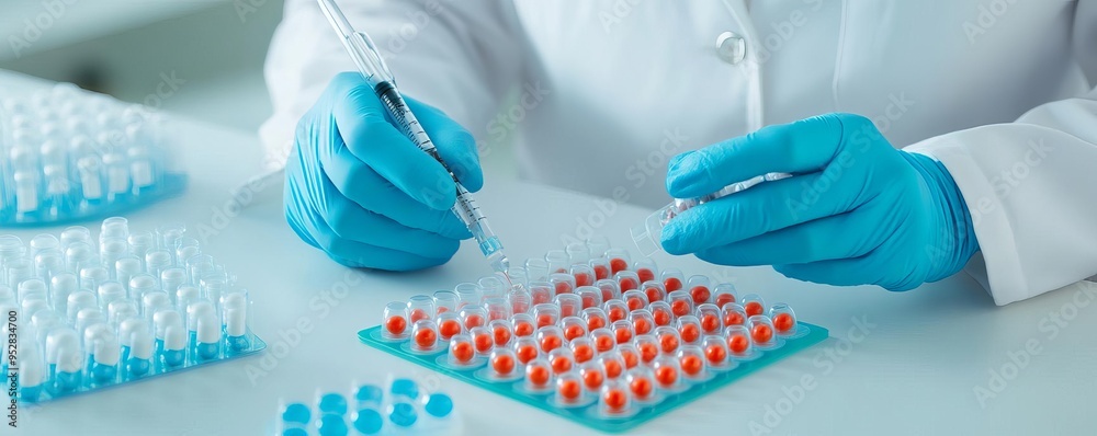 Scientist working with hydrogels for controlled release of biopharmaceuticals, smart materials, targeted delivery