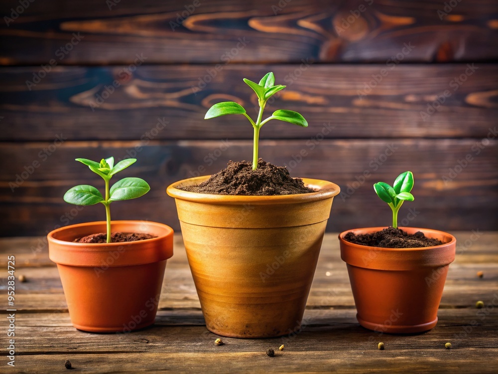 Vibrant green sprouts emerge from small and large clay flower pots, arranged harmoniously on a wooden table, their varied textures and colors creating a visually appealing display. Vibrant green sprouts emerge from small and large clay flower pots, arranged harmoniously on a wooden table, their varied textures and colors creating a visually appealing display.