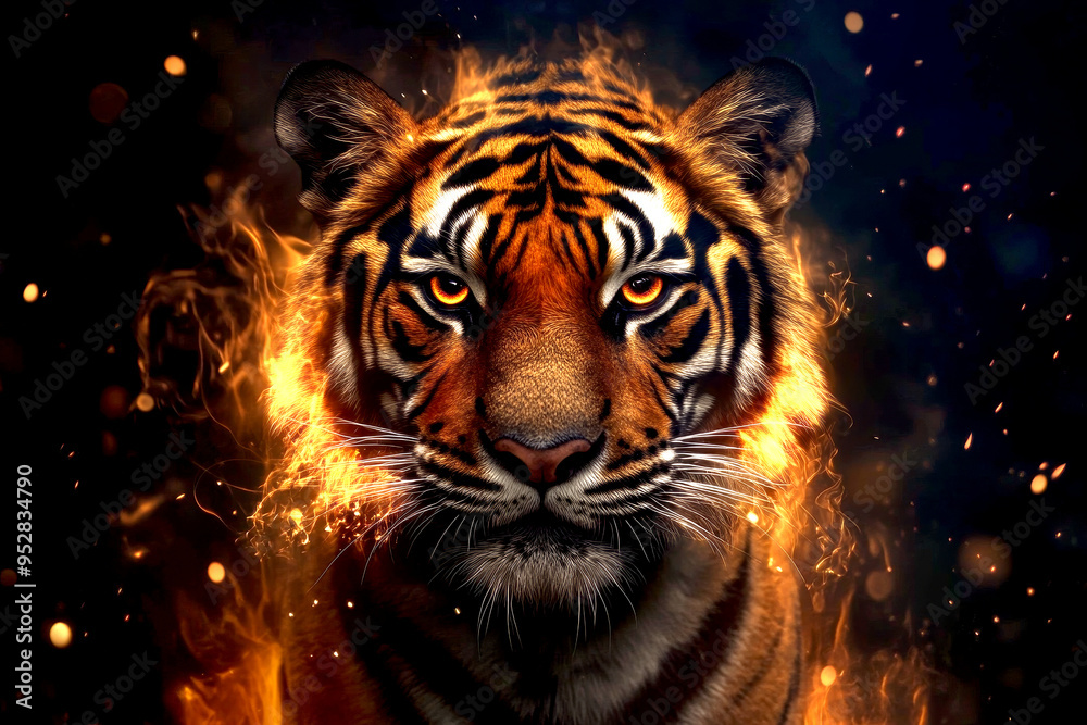 Fiery Tiger Artwork with Flames and Sparks Fiery Tiger Artwork with Flames and Sparks