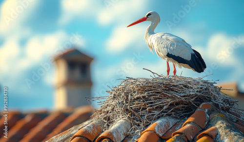 A white bird with a long neck stands on a nest. The bird is looking to the left