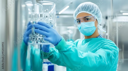 Technician conducting aseptic processing in a cleanroom for biopharmaceuticals, sterile environment, quality control photo