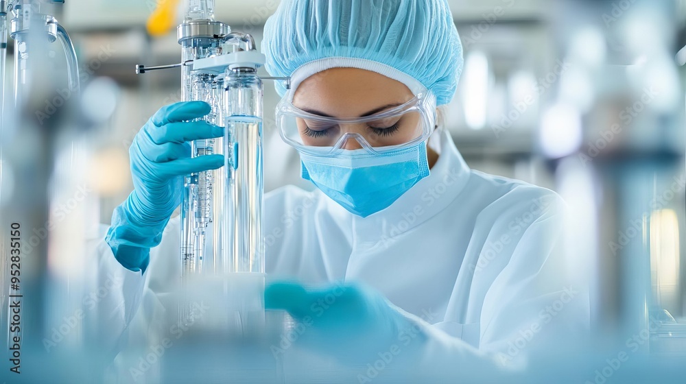 Technician monitoring bioreactor conditions to optimize drug yield, process control, biomanufacturing Technician monitoring bioreactor conditions to optimize drug yield, process control, biomanufacturing