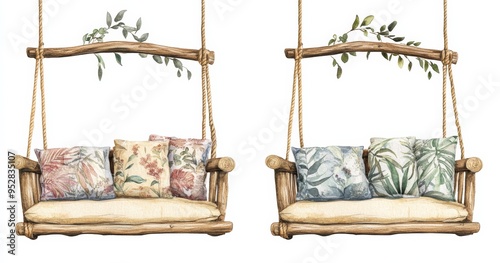 watercolor hanging wooden swing with cushions and sofa isolated on white background, vintage style