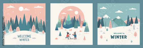 Set of holiday cards. Congratulations on winter, New Year and Christmas. Cozy illustrations with a winter landscape, happy children and beautiful nature. Great gift and cute cards.