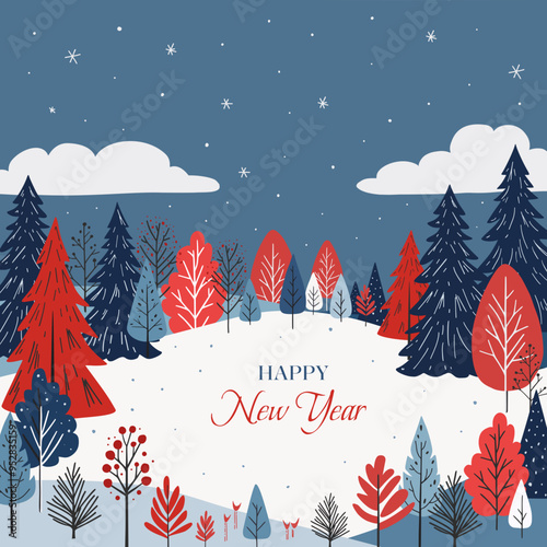 Forest postcard. Colorful and creative vector illustration of forest with text "Hello Winter". New Year, winter holidays, Christmas concept. Hand drawn illustration with place for text.