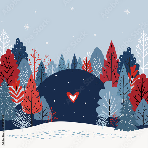 Forest postcard. Colorful and creative vector illustration of forest with heart. New Year, winter holidays, Christmas concept. Hand drawn illustration with place for text.