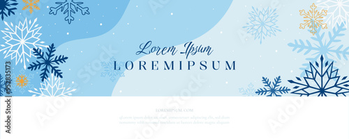 Banner in winter style in blue shades with different snowflakes. Background for sales, invitations and web