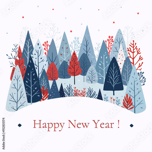 Forest postcard. Colorful and creative vector illustration of forest with text "Welcome Winter". New Year, winter holidays, Christmas concept. Hand drawn illustration with place for text.