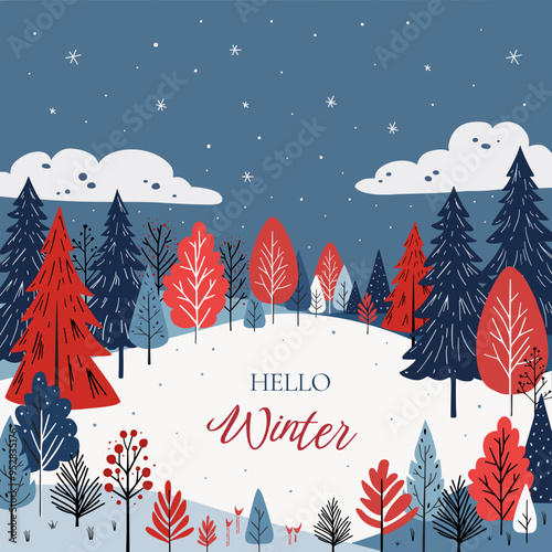 Forest postcard. Colorful and creative vector illustration of forest with text "Hello Winter". New Year, winter holidays, Christmas concept. Hand drawn illustration with place for text.