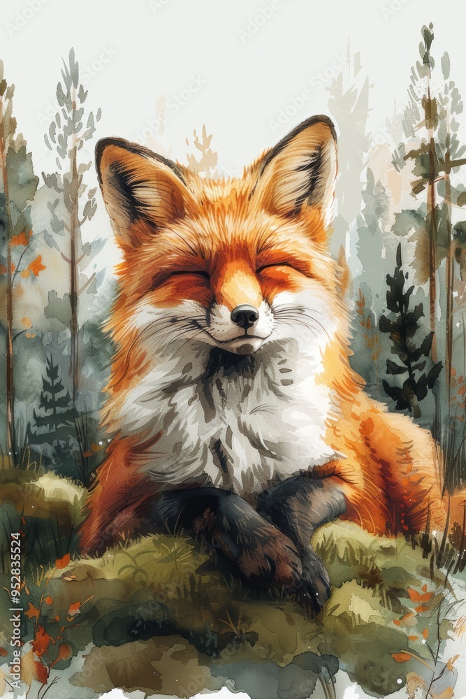 Naklejka premium A cheerful cartoon fox lies on a bed of soft moss in a watercolor forest, surrounded by tall pine trees on a white background, perfect for children's cards and summer-themed scrapbooks.