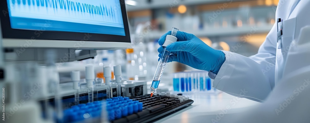 Technician using a high-performance liquid chromatography HPLC system for drug analysis, chemical analysis, biopharma research Technician using a high-performance liquid chromatography HPLC system for drug analysis, chemical analysis, biopharma research
