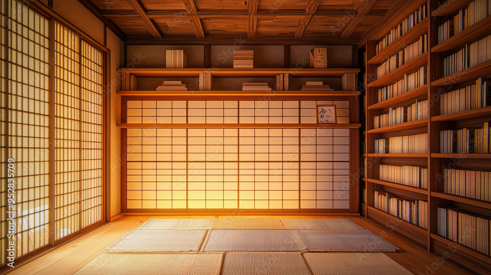 Traditional Japanese Room with Shoji Screens and Tatami Mats Traditional Japanese Room with Shoji Screens and Tatami Mats