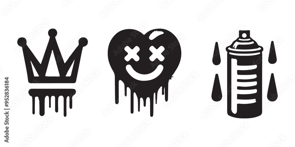 Spray-painted black graffiti with hand-drawn, grunge components that drip. Icons for a heart, crown, checkmark, and smiling are spray brush textures. Stylish urban vector image of symbols from street Spray-painted black graffiti with hand-drawn, grunge components that drip. Icons for a heart, crown, checkmark, and smiling are spray brush textures. Stylish urban vector image of symbols from street
