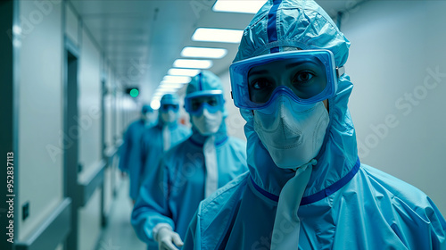 A group of people in protective gear walking down a hospital hallway photo