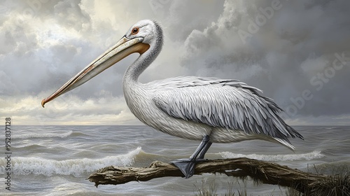 Dalmatian Pelican Bird Perched on a Branch in Nature, Realistic Photo, Wallpaper, Cover and Screen for Smartphone, Cell Phone, PC, Laptop, 9:16 and 16:9 Format