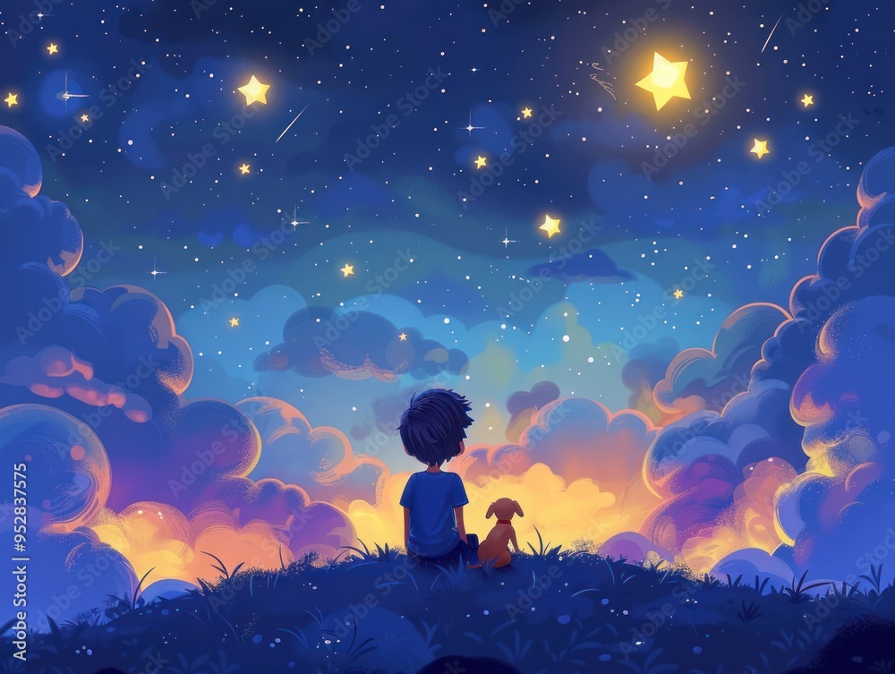 Under a starry sky with clouds and a comet, a boy and a dog sit on a hill, embraced by the moonlight and the surreal beauty of the celestial landscape. Under a starry sky with clouds and a comet, a boy and a dog sit on a hill, embraced by the moonlight and the surreal beauty of the celestial landscape.