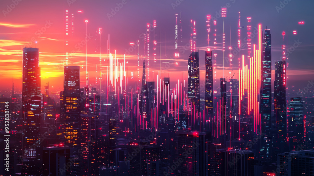 Fototapeta premium Futuristic Cityscape with Neon Lights and Skyscrapers