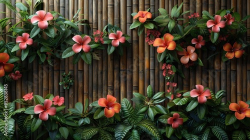 A vibrant, tropical scene with a backdrop of bamboo wall adorned.