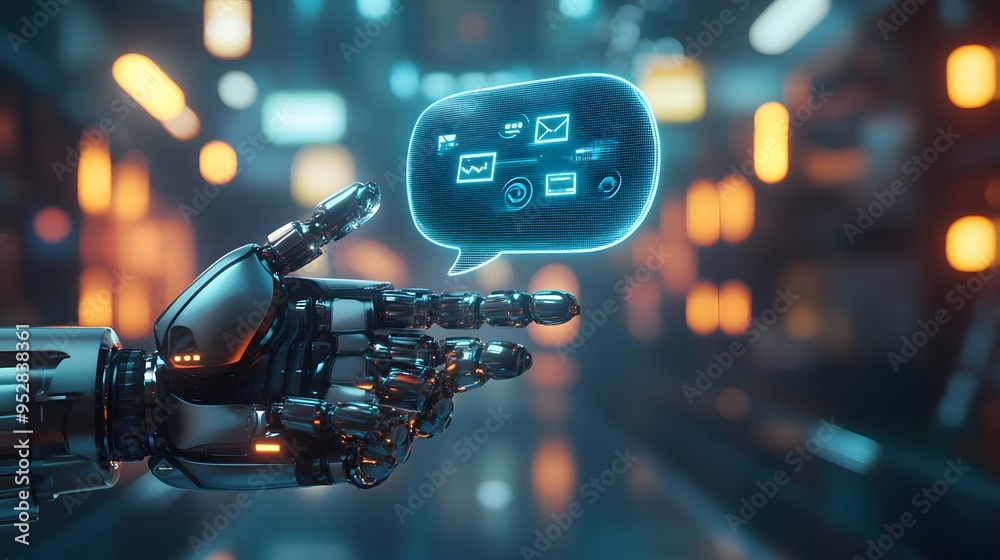 Obraz premium Robotic hand interacting with a glowing digital interface in a high-tech environment