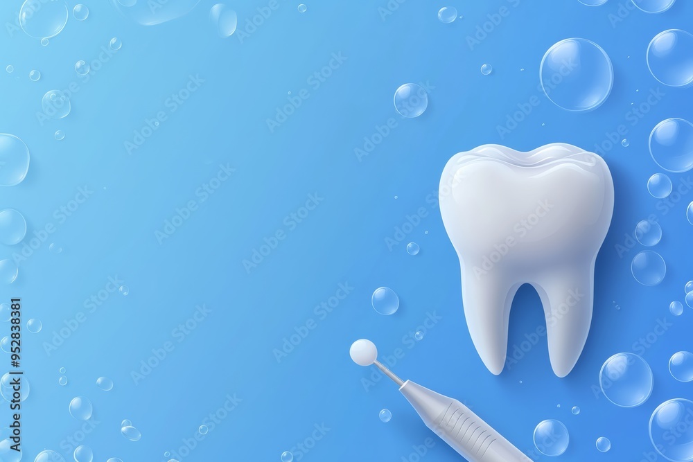Dental instruments, teeth on a blue background with copy space and for text