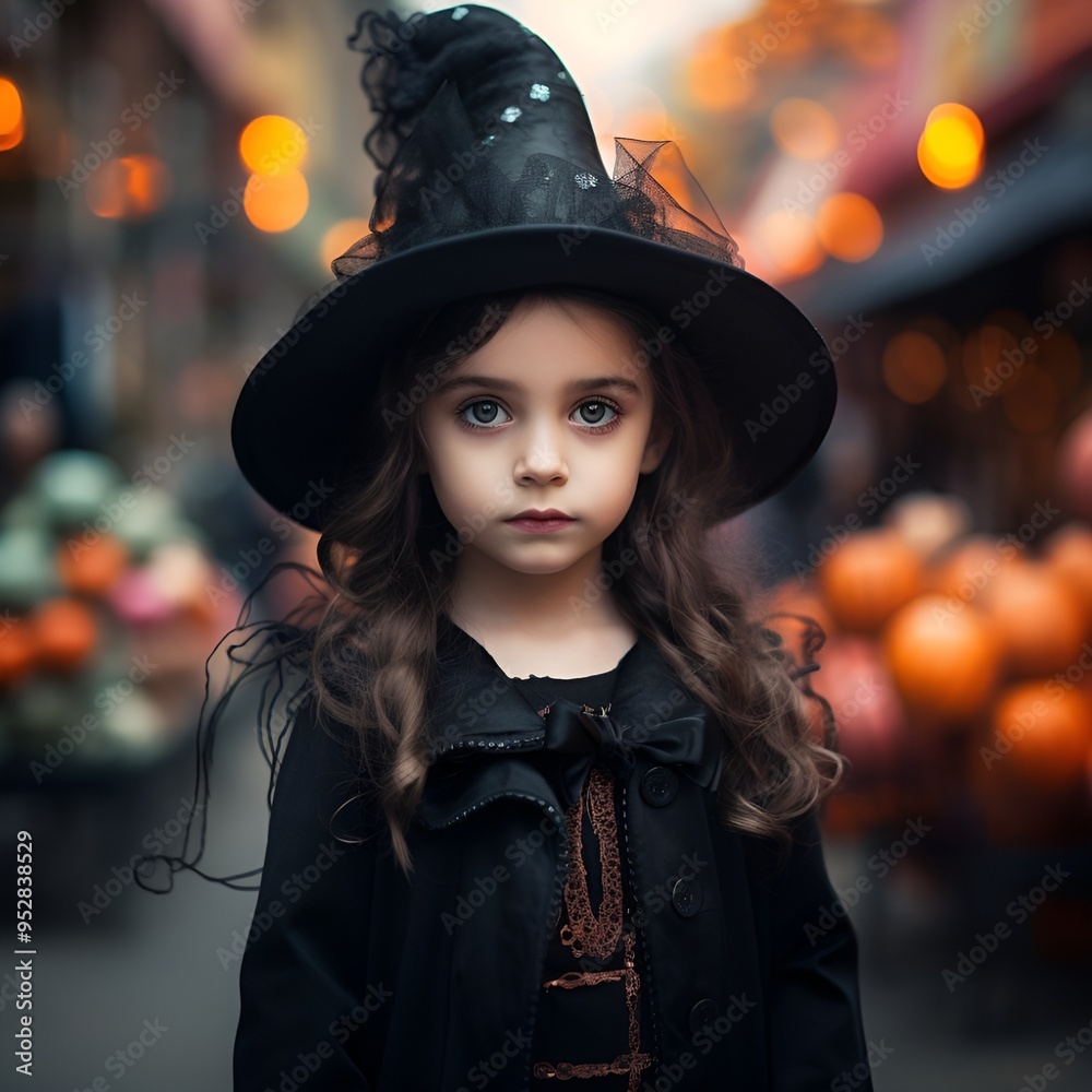 Halloween portrait of girl disguised in witch with a pumpkin street in the background. Halloween portrait of girl disguised in witch with a pumpkin street in the background.