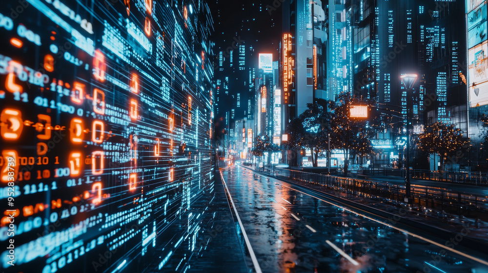Obraz premium Cyberpunk Cityscape: Neon Lights and Wet Streets