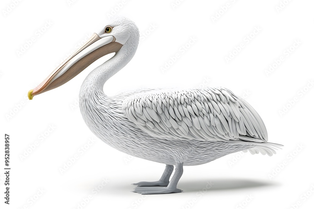 Dalmatian Pelican Bird Perched on a Branch on a White Background, Realistic Photo, Wallpaper, Cover and Screen for Smartphone, Cell Phone, PC, Laptop, 9:16 and 16:9 Format